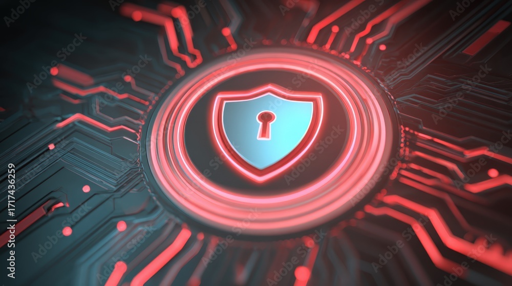 Poster futuristic digital security concept with shield and lock symbol on circuit background for technology