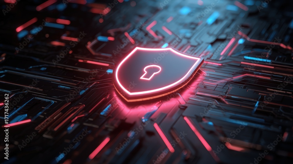 Poster futuristic security background with neon shield and circuit pattern for tech and cybersecurity theme