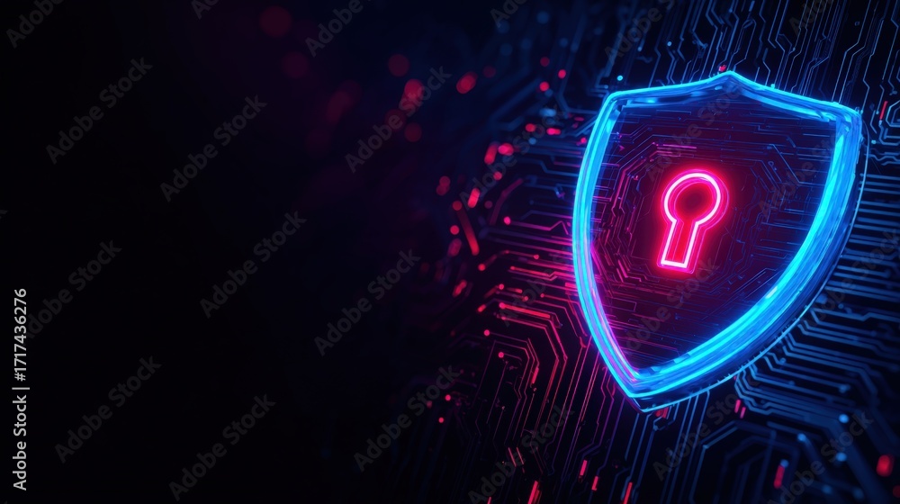 Poster futuristic digital security shield with lock icon on an abstract circuit board background in neon co
