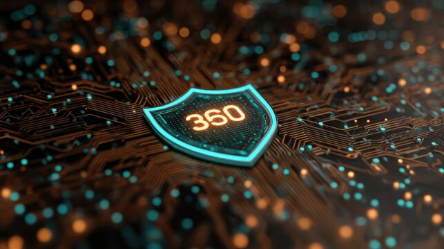 Abstract Security Concept Featuring Shield Design with Circuit Background and 360 Technology Representation