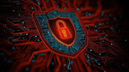Abstract Digital Security Shield Over Circuit Board with Lock Symbol on Futuristic Background