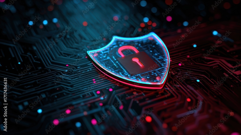 Poster advanced digital security shield with lock on circuit board background in vibrant colors
