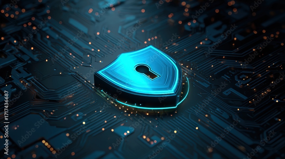 Poster digital shield symbolizing data security on a futuristic circuit board background with glowing eleme