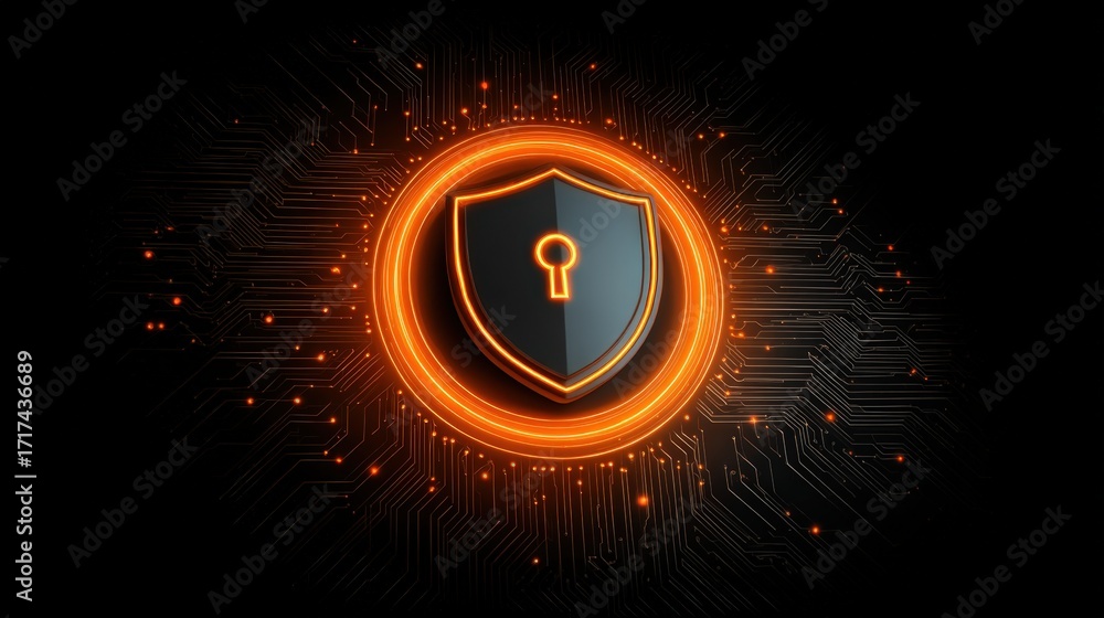 Poster secure digital shield with keyhole on futuristic circuit background in vibrant orange and black colo