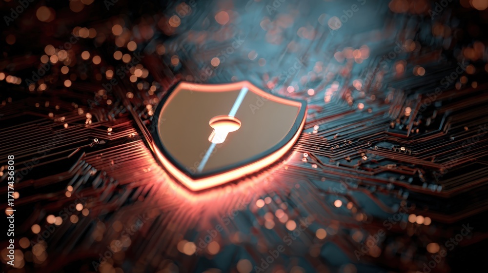 Poster shield symbol representing cybersecurity on abstract digital background with circuit design elements