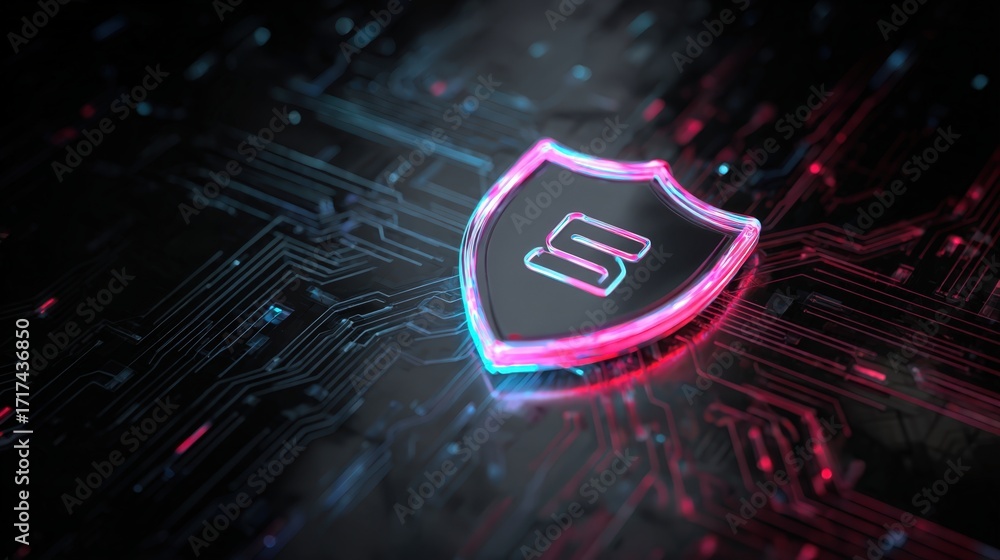 Poster abstract digital shield design with neon colors representing security and technology background on c