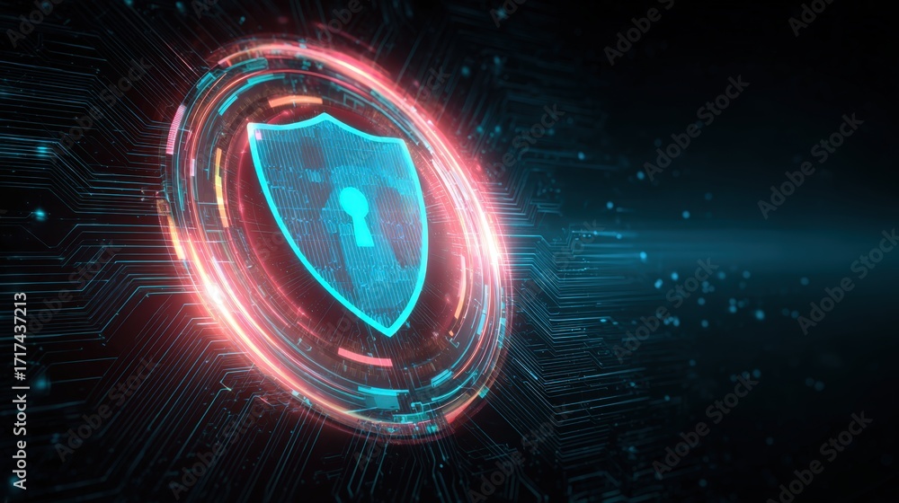 Poster digital security shield icon with technology background and futuristic elements for cyber protection