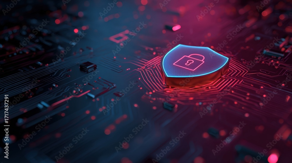 Poster digital security background with shield symbol and circuitry pattern in neon colors
