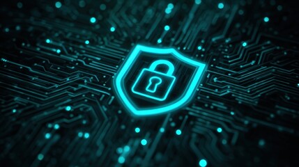 Futuristic Cybersecurity Concept with Shield and Lock Icon on Tech Background for Digital Protection