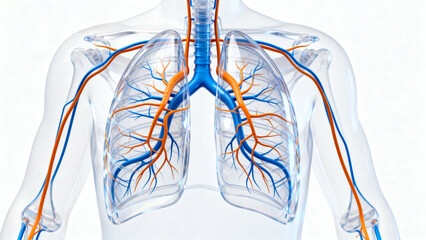 Anatomical illustration of the human respiratory and circulatory systems in the thoracic region