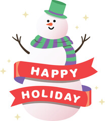 Merry Christmas and happy new year with cute snowman and red happy holiday ribbon.