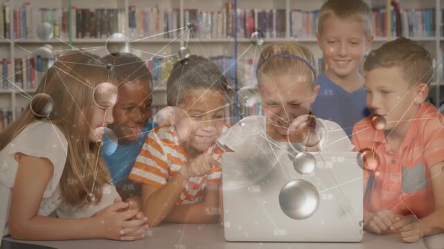 Children opening laptop in library and initiating molecular overlay illustrating science concepts