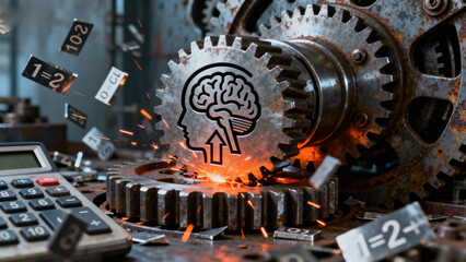 Mechanical gears with a brain symbol and mathematical equations in an industrial setting, depicting the fusion of intelligence and machinery.