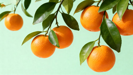 Ripe oranges hanging on a tree branch with green leaves against a light green background