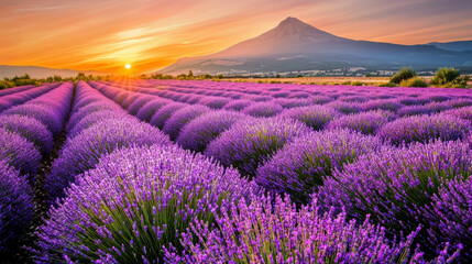 Fototapeta premium Sunrise over lavender fields and majestic mountain
