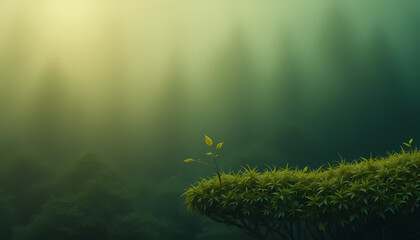 Fototapeta premium Misty forest scene with a small sprout emerging from moss-covered ground.