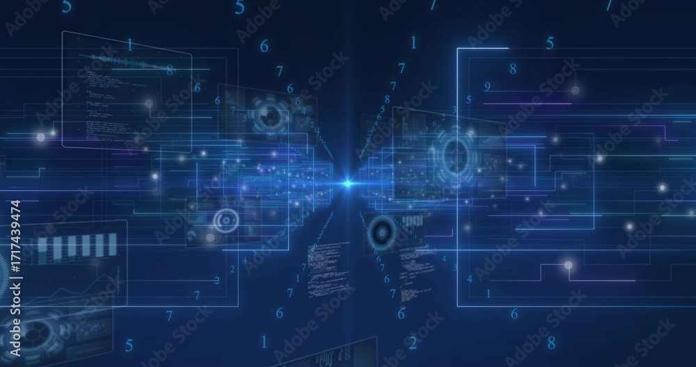 Poster blue point appearing, streams flowing, panels sliding and settling around hub, visualizing data
