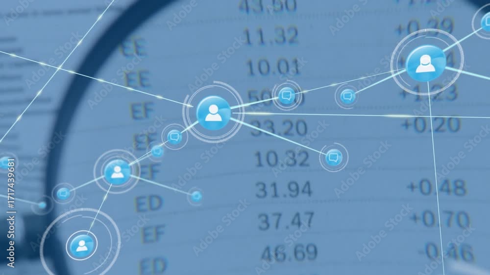 Poster opening with magnifier on financial sheet network expanding animating nodes visualizing links