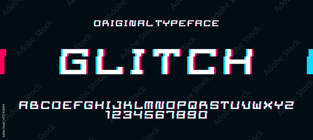 Aufkleber glitch noisy geometric vector font in analog style, futuristic cyberpunk typeface with digital grung