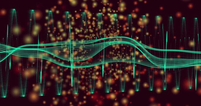 Golden particles emerging and rising, swirling around teal waveform flexing creating layered depth