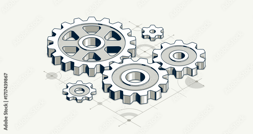 Aufkleber mechanical engineering concept, gears and cogs with project drawing draft isometric 3d vector illust