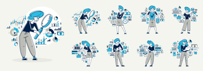 Fototapeta premium Business person analyzing and organizing financial deals vector outline illustration set, entrepreneur company leader working on some commercial project.