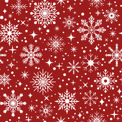 Cute seamless pattern snowflakes collection on Christmas red background. Flat white elements snow icons and stars. New Year and Christmas background. Print for gift paper, wallpaper, banner, textile