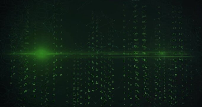 Binary streams drifting and growing then horizontal green beam sweeping highlighting dimming digits