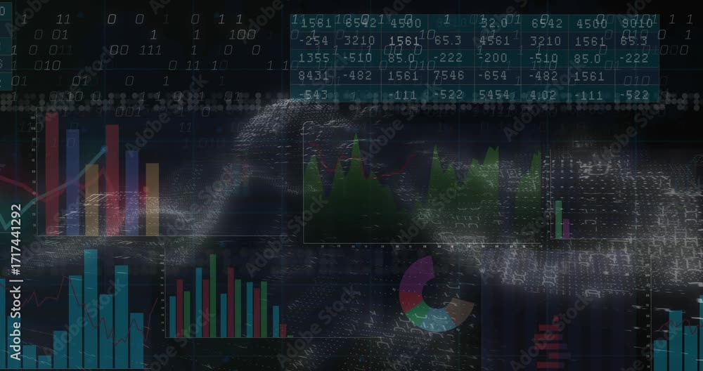 Poster opening interface showing binary digits animating over teal tables and pulsing charts for insight
