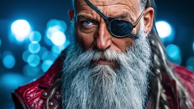 A man with a long white beard wearing a pirate eye patch