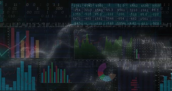 Opening interface showing binary digits animating over teal tables and pulsing charts for insight