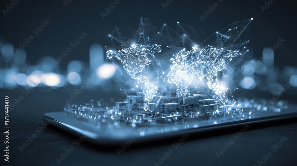 Aufkleber global connection on smart phone: a mesmerizing digital artwork depicting the globe emanating from a