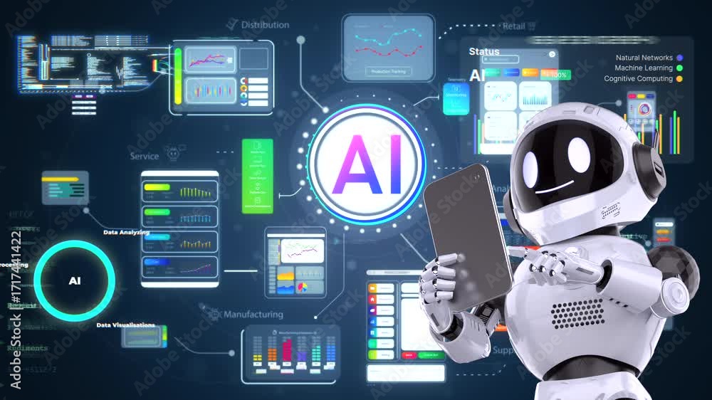 Poster ai technology with 3d rendering assistant robot with hud graphic interface 4k footage
