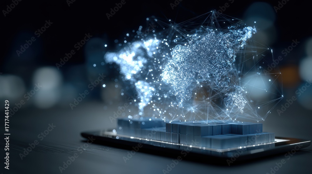 Poster global network on smart device: a futuristic image showcasing a digital world map, formed by intrica
