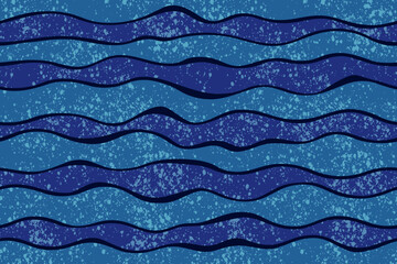 Aquatic marine seamless pattern with waves and foam. Flat vector illustration of a turbulent sea. Horizontal black wavy lines, shades of blue. Pattern for summer nautical design, wallpaper, and paper.