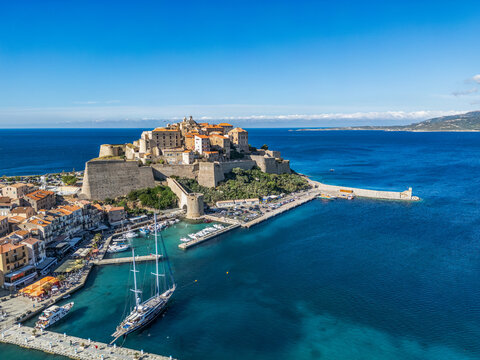 Aerial view Citadel of Calvi Upper Corsica French maritime stronghold in the Mediterranean Sea with defensive walls