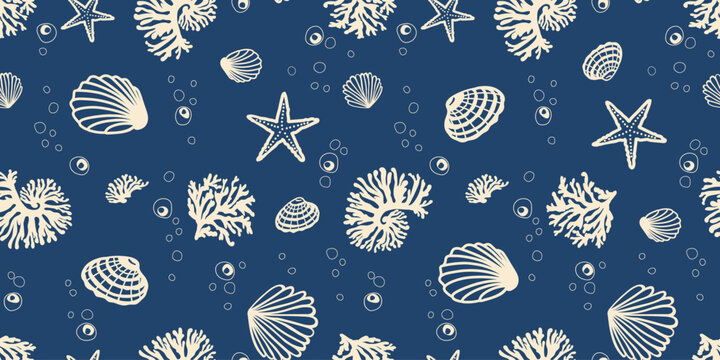 Seamless pattern with shells and seaweed. Hand-drawn sea creatures and plants on a blue background. Nautical-themed design for coastal and beach-themed prints.