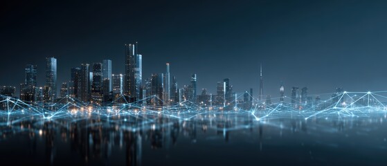 Obraz premium Cityscape of Tomorrow: A futuristic skyline glows with connected technology, offering a glimpse into the innovative urban landscape with digital networks and infrastructure.