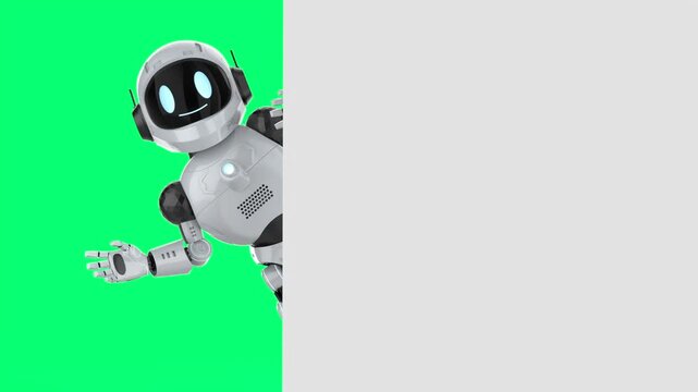 Cute and small artificial intelligence personal assistant robot hand up with white empty wall 4k footage