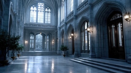 Majestic Gothic Castle Interior with Arched Windows and Stone Walls Grand Hall Lit by Sunlight and Lanterns Featuring Architectural Details and Potted Plants