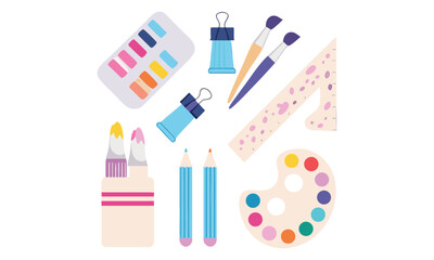 Colorful Art Supplies and Stationery Set Watercolors, Brushes, Pencils & Creative Tools