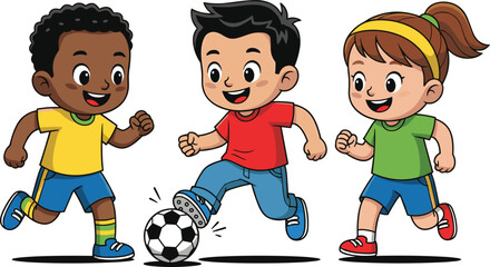 Cartoon children playing soccer together, happy kids running with football, fun outdoor sports activity, teamwork, smiling boy girl illustration, vector design