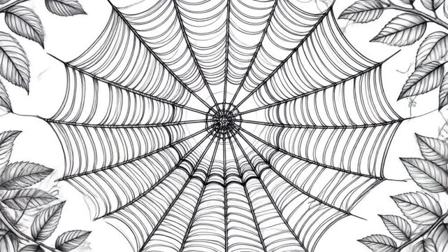 Detailed Black and White Cobweb with Intricate Leaf Border Against White Background Ink Illustration for Halloween or Thematic Design