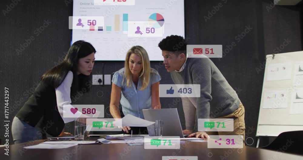 Aufkleber marketing team shuffling printed reports and activating animated metrics for monitoring engagement
