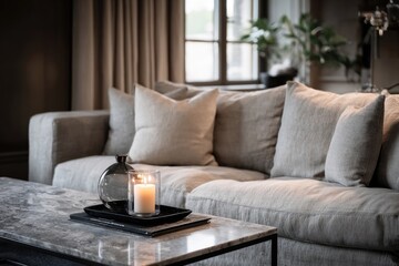Fototapeta premium minimalist living room, linen sofa, marble coffee table, single candle, soft daylight, quiet luxury aesthetic