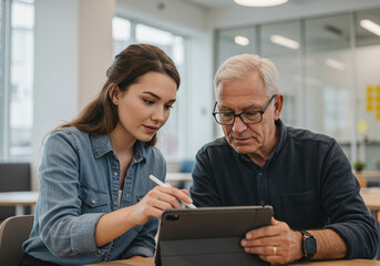 Young professional woman guiding senior man on digital tablet, illustrating intergenerational collaboration and technology use in office.