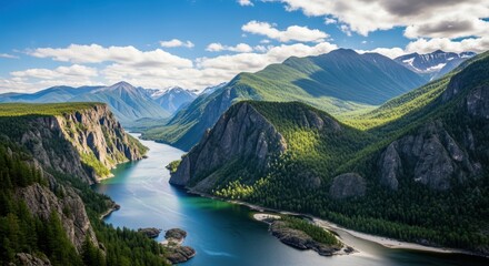 Majestic River Carving Through Lush Green Mountains Under a Dramatic Sky