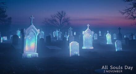 Tranquil cemetery scene on all souls day, with glowing tombstones illuminating the night sky