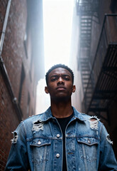 Obraz premium Man in ripped denim jacket standing in narrow alley.