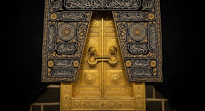 Ornate gold and black door, detailed with intricate Islamic calligraphy, showcasing a rich cultural heritage.